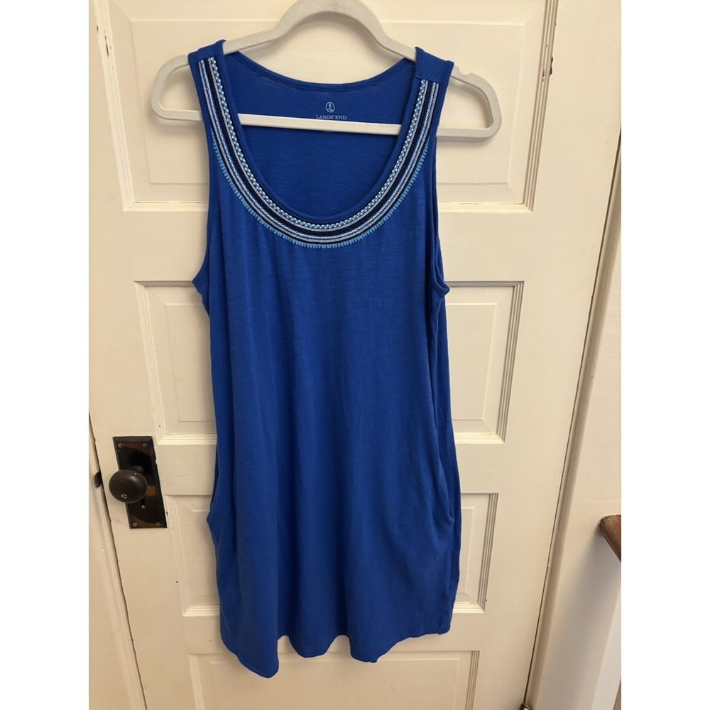 Lands End Women's Blue Embroidered Sleeveless Knit Cotton Cover Up Size Medium